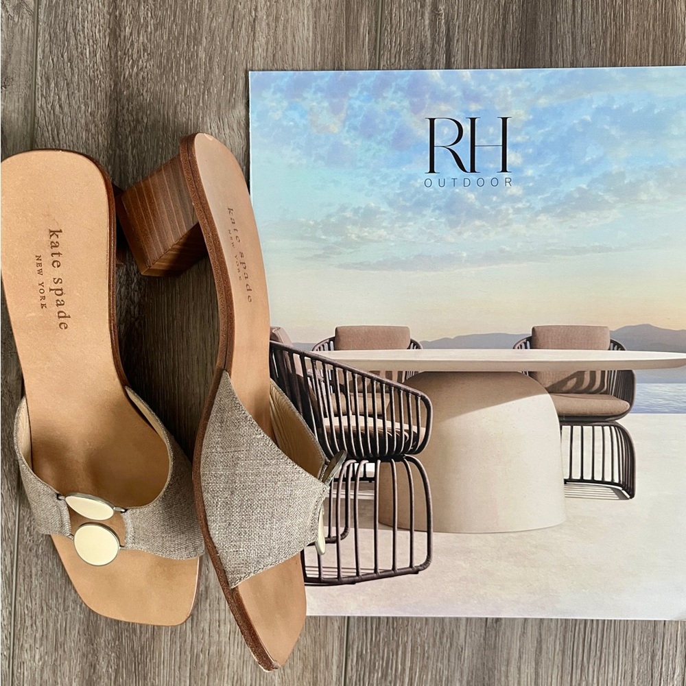 Kate Spade Linen Slide Sandals with Enamel/Metal Buttons